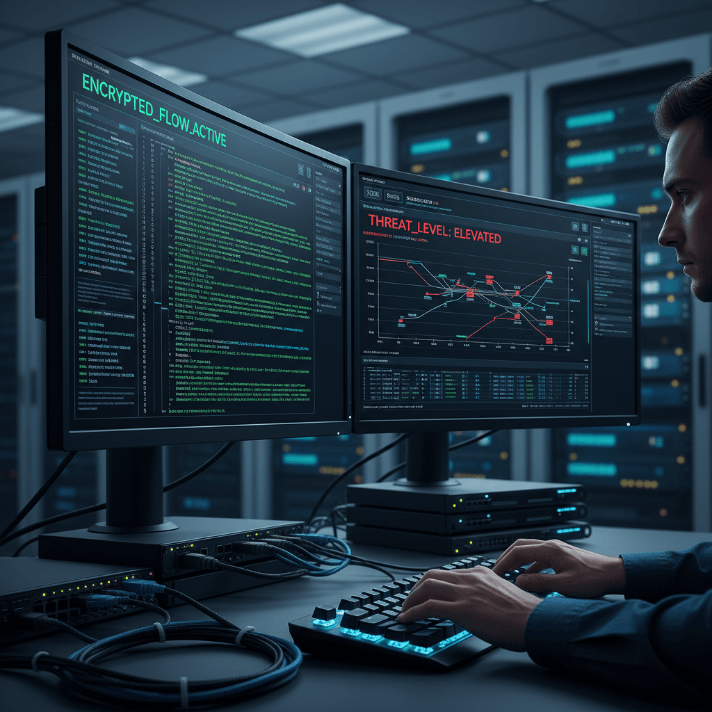 IT consultant reviewing infrastructure on computer monitor